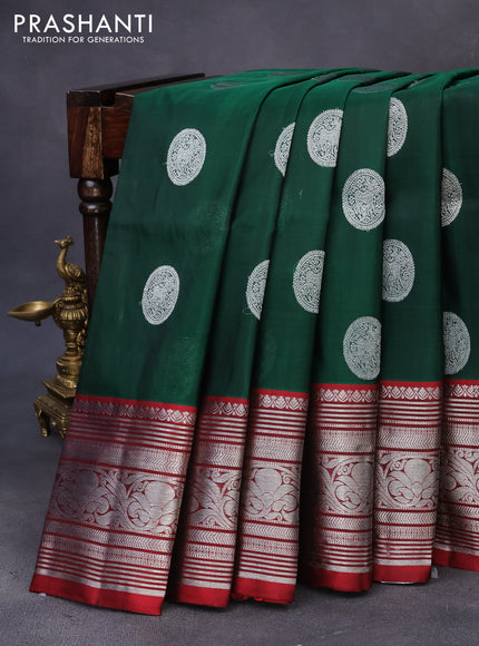 Venkatagiri silk saree dark green and maroon with silver zari woven buttas and silver zari woven border