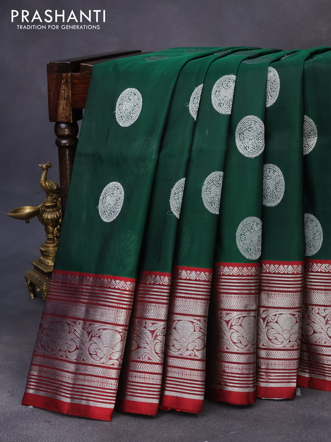 Venkatagiri silk saree dark green and maroon with silver zari woven buttas and silver zari woven border