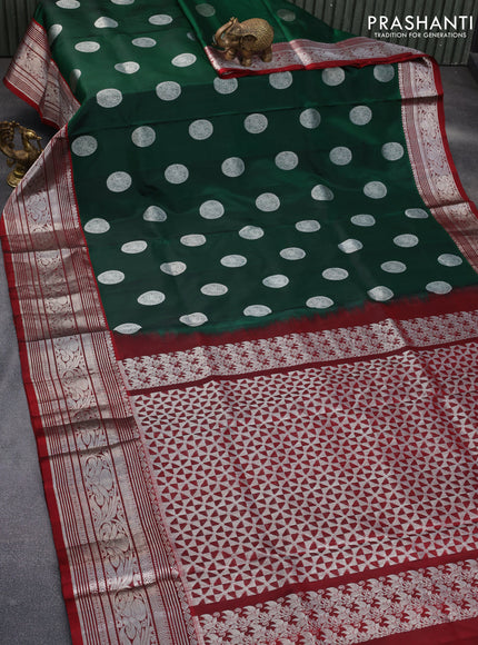 Venkatagiri silk saree dark green and maroon with silver zari woven buttas and silver zari woven border