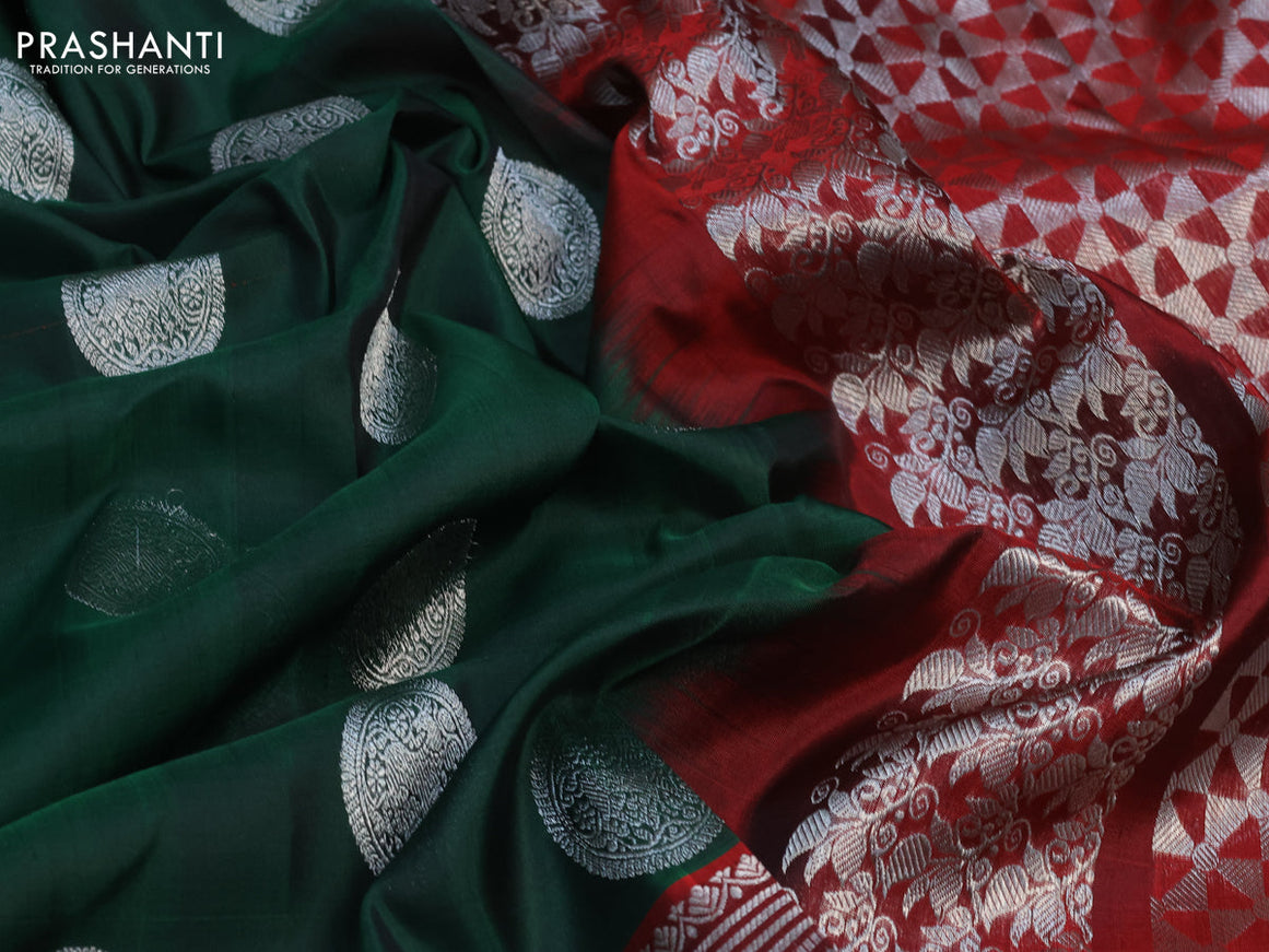 Venkatagiri silk saree dark green and maroon with silver zari woven buttas and silver zari woven border