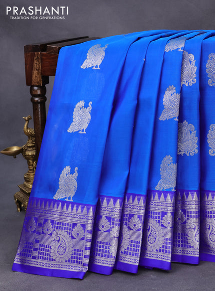 Venkatagiri silk saree dual shade of blue and blue with silver zari woven buttas and silver zari woven border