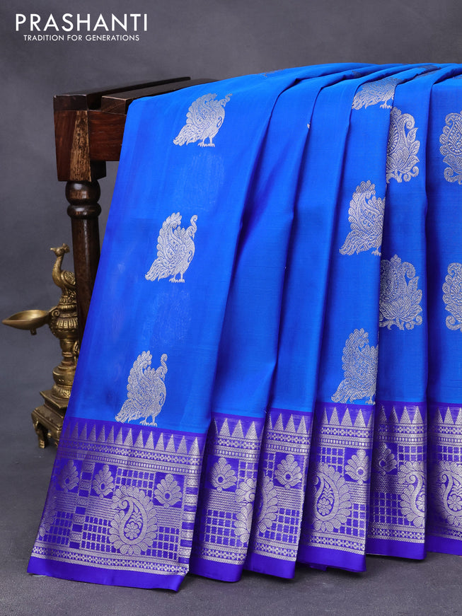 Venkatagiri silk saree dual shade of blue and blue with silver zari woven buttas and silver zari woven border