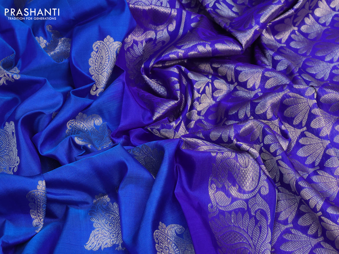 Venkatagiri silk saree dual shade of blue and blue with silver zari woven buttas and silver zari woven border