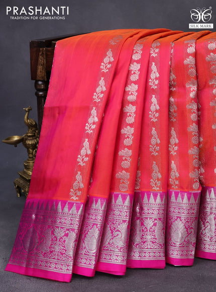 Venkatagiri silk saree dual shade of pinkish orange and pink with allover silver zari weaves and rich silver zari woven border