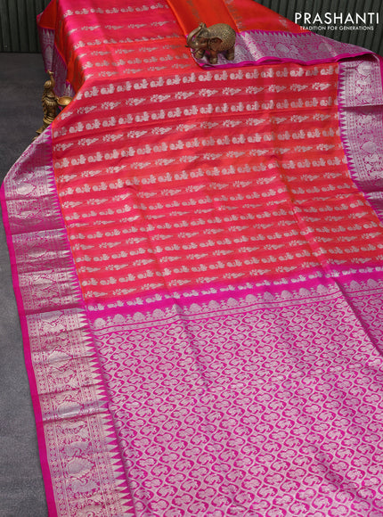 Venkatagiri silk saree dual shade of pinkish orange and pink with allover silver zari weaves and rich silver zari woven border