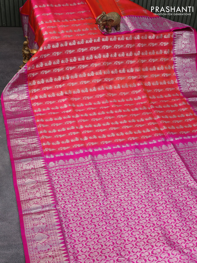 Venkatagiri silk saree dual shade of pinkish orange and pink with allover silver zari weaves and rich silver zari woven border