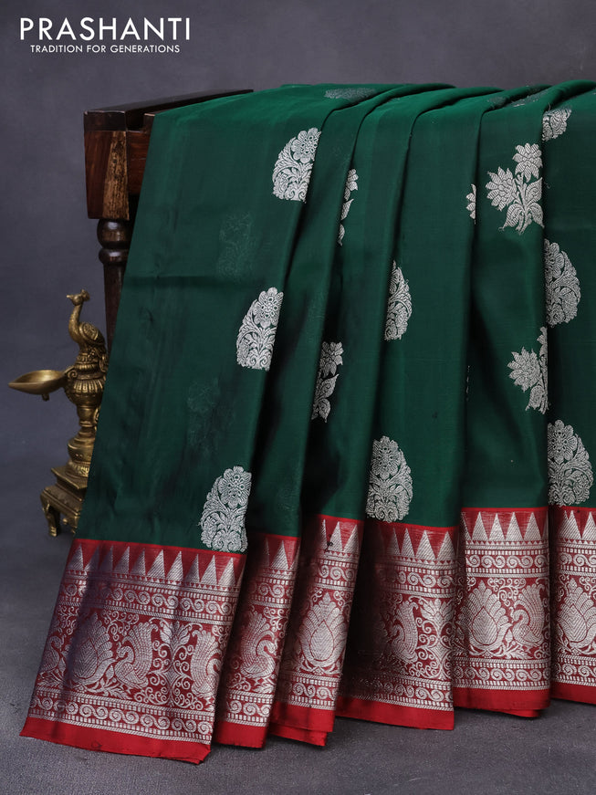 Venkatagiri silk saree dark green and maroon with silver zari woven buttas and rich silver zari woven border