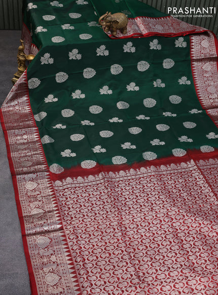 Venkatagiri silk saree dark green and maroon with silver zari woven buttas and rich silver zari woven border