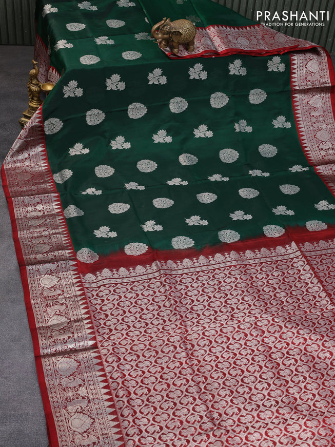 Venkatagiri silk saree dark green and maroon with silver zari woven buttas and rich silver zari woven border