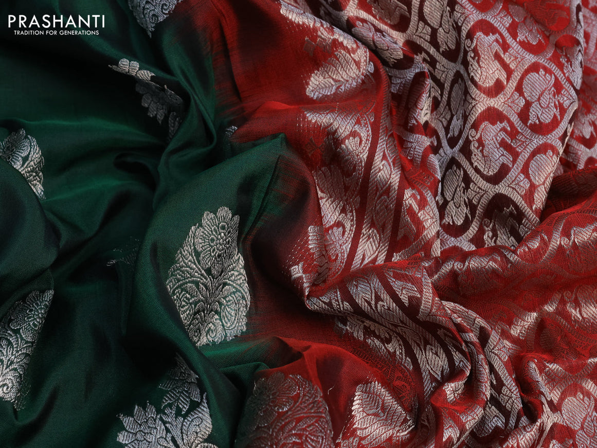 Venkatagiri silk saree dark green and maroon with silver zari woven buttas and rich silver zari woven border