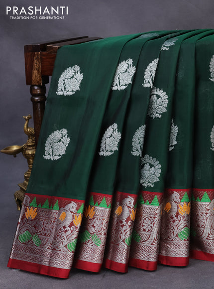 Venkatagiri silk saree dark green and maroon with silver zari woven buttas and silver zari woven paithani border