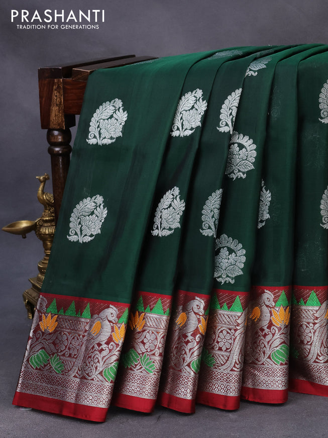 Venkatagiri silk saree dark green and maroon with silver zari woven buttas and silver zari woven paithani border