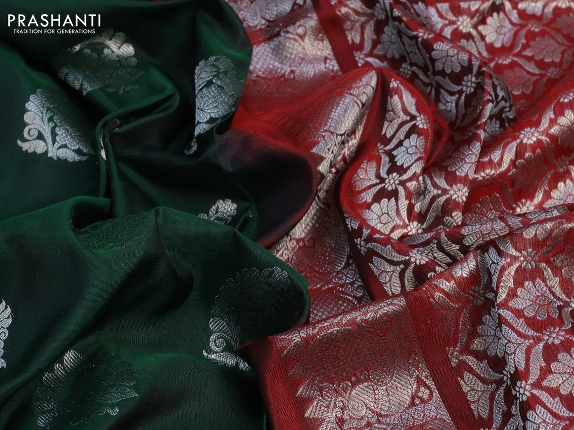 Venkatagiri silk saree dark green and maroon with silver zari woven buttas and silver zari woven paithani border