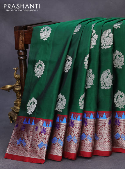 Venkatagiri silk saree dark green and maroon with silver zari woven buttas and silver zari woven paithani border