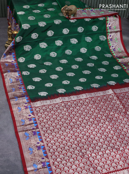 Venkatagiri silk saree dark green and maroon with silver zari woven buttas and silver zari woven paithani border