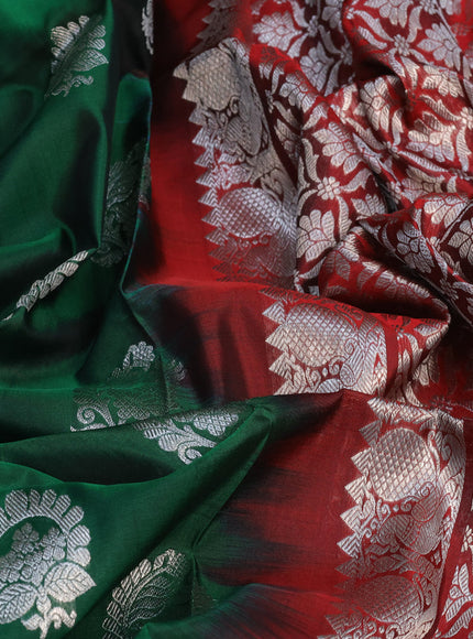 Venkatagiri silk saree dark green and maroon with silver zari woven buttas and silver zari woven paithani border