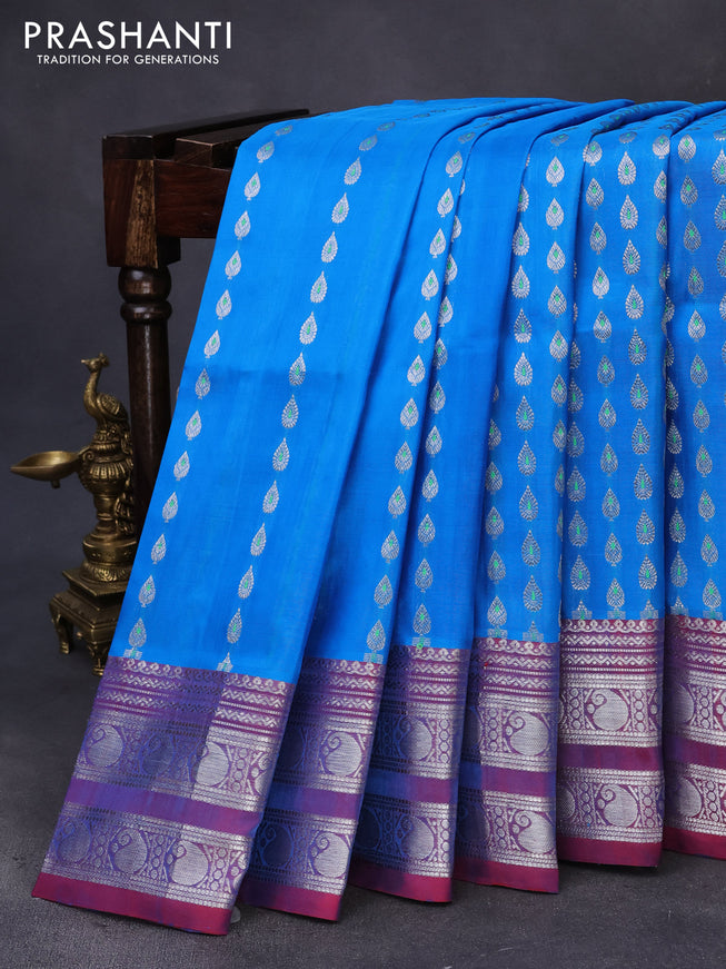 Venkatagiri silk saree cs blue and red with allover silver zari woven butta weaves and rich zari woven border