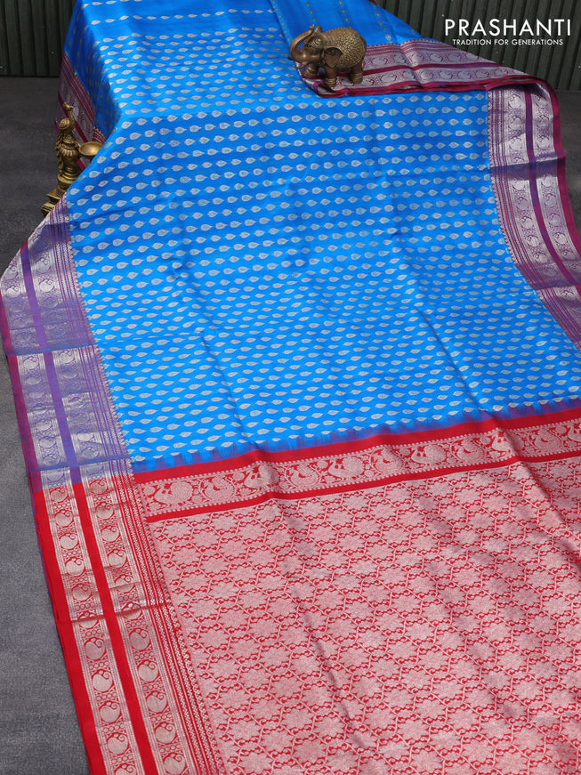 Venkatagiri silk saree cs blue and red with allover silver zari woven butta weaves and rich zari woven border