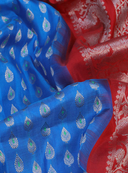 Venkatagiri silk saree cs blue and red with allover silver zari woven butta weaves and rich zari woven border