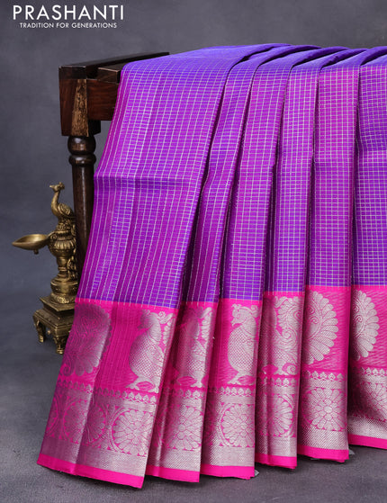 Venkatagiri silk saree dual shade of purple and pink with allover small silver zari checked pattern and rich annam silver zari woven border