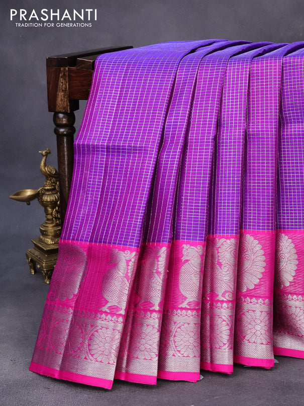 Venkatagiri silk saree dual shade of purple and pink with allover small silver zari checked pattern and rich annam silver zari woven border