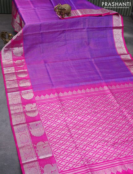 Venkatagiri silk saree dual shade of purple and pink with allover small silver zari checked pattern and rich annam silver zari woven border