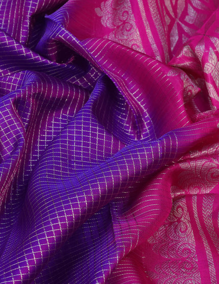 Venkatagiri silk saree dual shade of purple and pink with allover small silver zari checked pattern and rich annam silver zari woven border