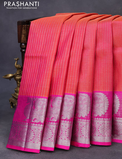 Venkatagiri silk saree dual shade of pinkish orange and pink with allover small silver zari checked pattern and rich annam silver zari woven border