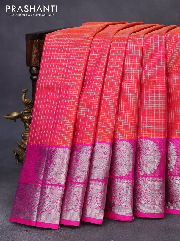 Venkatagiri silk saree dual shade of pinkish orange and pink with allover small silver zari checked pattern and rich annam silver zari woven border