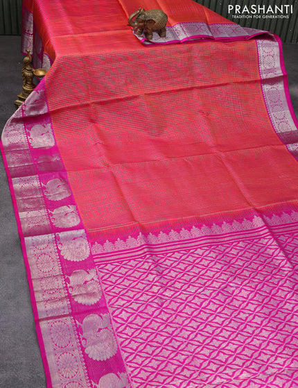 Venkatagiri silk saree dual shade of pinkish orange and pink with allover small silver zari checked pattern and rich annam silver zari woven border