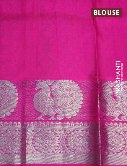 Venkatagiri silk saree dual shade of pinkish orange and pink with allover small silver zari checked pattern and rich annam silver zari woven border