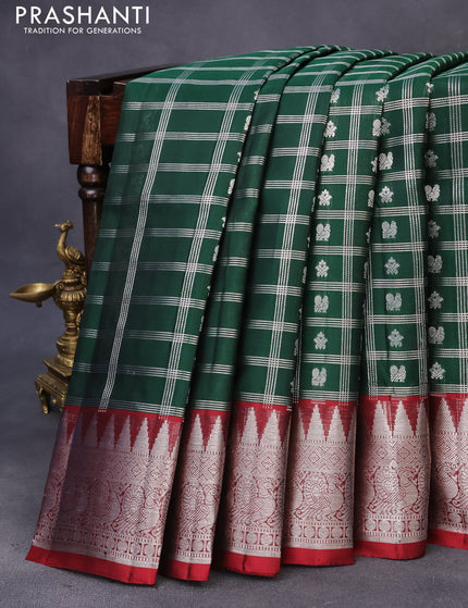 Venkatagiri silk saree bottle green and maroon with allover silver zari checks & buttas and rich silver zari woven border