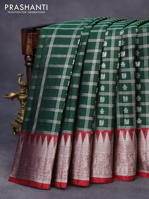 Venkatagiri silk saree bottle green and maroon with allover silver zari checks & buttas and rich silver zari woven border