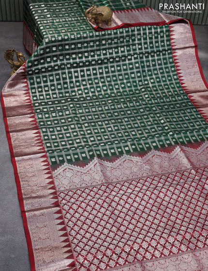 Venkatagiri silk saree bottle green and maroon with allover silver zari checks & buttas and rich silver zari woven border