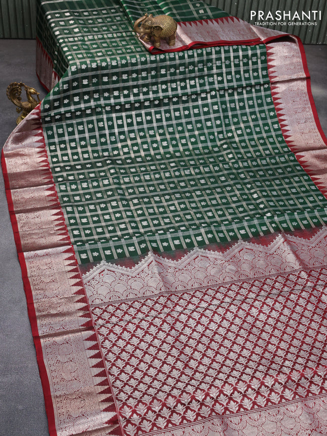 Venkatagiri silk saree bottle green and maroon with allover silver zari checks & buttas and rich silver zari woven border