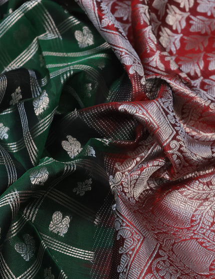 Venkatagiri silk saree bottle green and maroon with allover silver zari checks & buttas and rich silver zari woven border