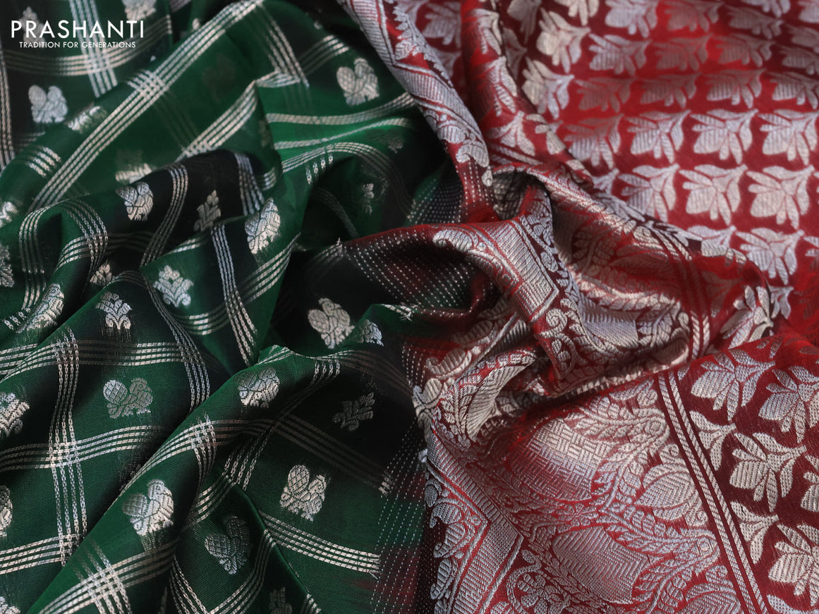 Venkatagiri silk saree bottle green and maroon with allover silver zari checks & buttas and rich silver zari woven border