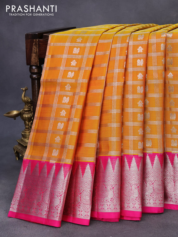 Venkatagiri silk saree dual shade of mustard yellow and pink with allover silver zari checks & buttas and rich silver zari woven border