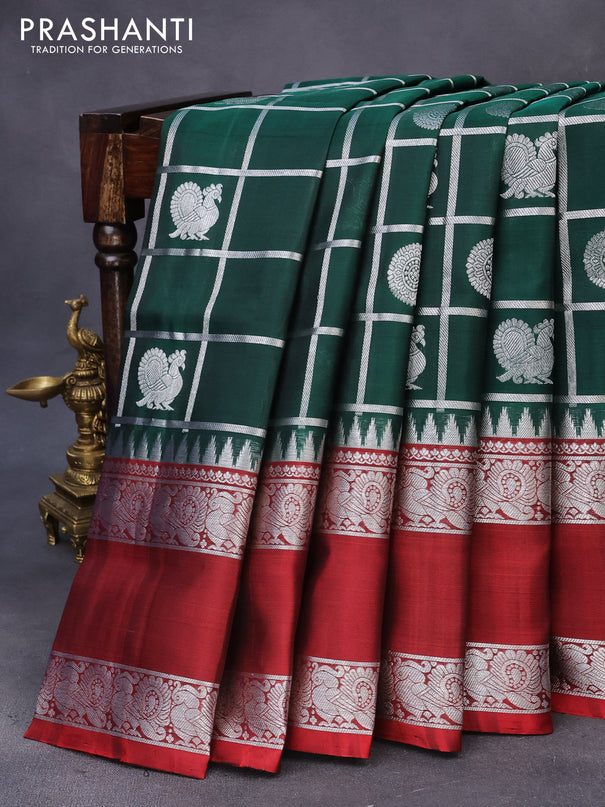 Venkatagiri silk saree bottle green and maroon with allover silver zari checks & buttas and long rettapet zari woven border