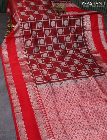 Venkatagiri silk saree maroon and red with allover silver zari checks & buttas and long rettapet zari woven border