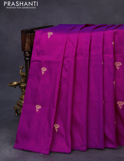 Banarasi katan silk saree dark magenta pink with zari woven buttas in borderless style