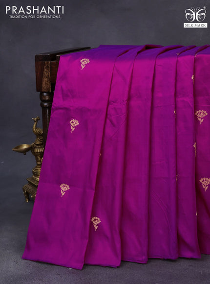 Banarasi katan silk saree dark magenta pink with zari woven buttas in borderless style