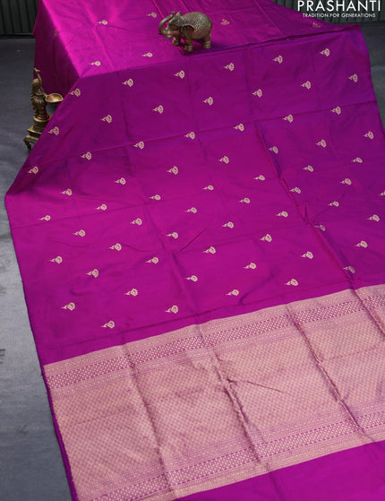 Banarasi katan silk saree dark magenta pink with zari woven buttas in borderless style