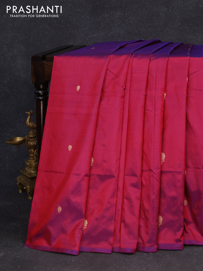 Banarasi katan silk saree dual shade of magenta pink with zari woven buttas in borderless style