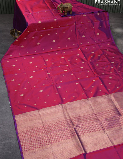 Banarasi katan silk saree dual shade of magenta pink with zari woven buttas in borderless style