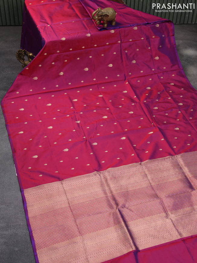 Banarasi katan silk saree dual shade of magenta pink with zari woven buttas in borderless style