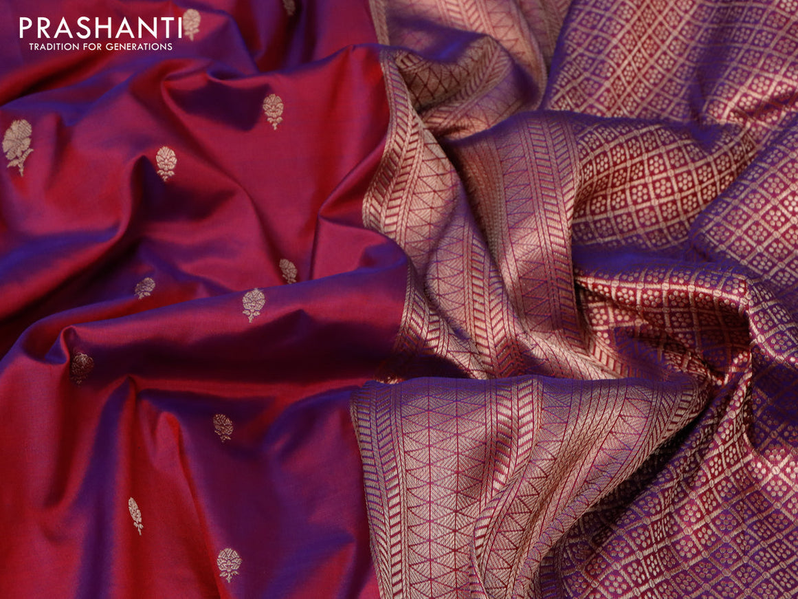 Banarasi katan silk saree dual shade of magenta pink with zari woven buttas in borderless style