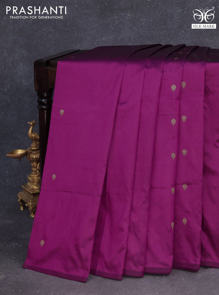 Banarasi katan silk saree dark magenta pink with zari woven buttas in borderless style