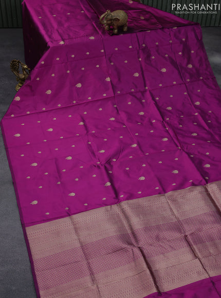 Banarasi katan silk saree dark magenta pink with zari woven buttas in borderless style