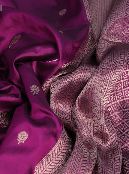 Banarasi katan silk saree dark magenta pink with zari woven buttas in borderless style